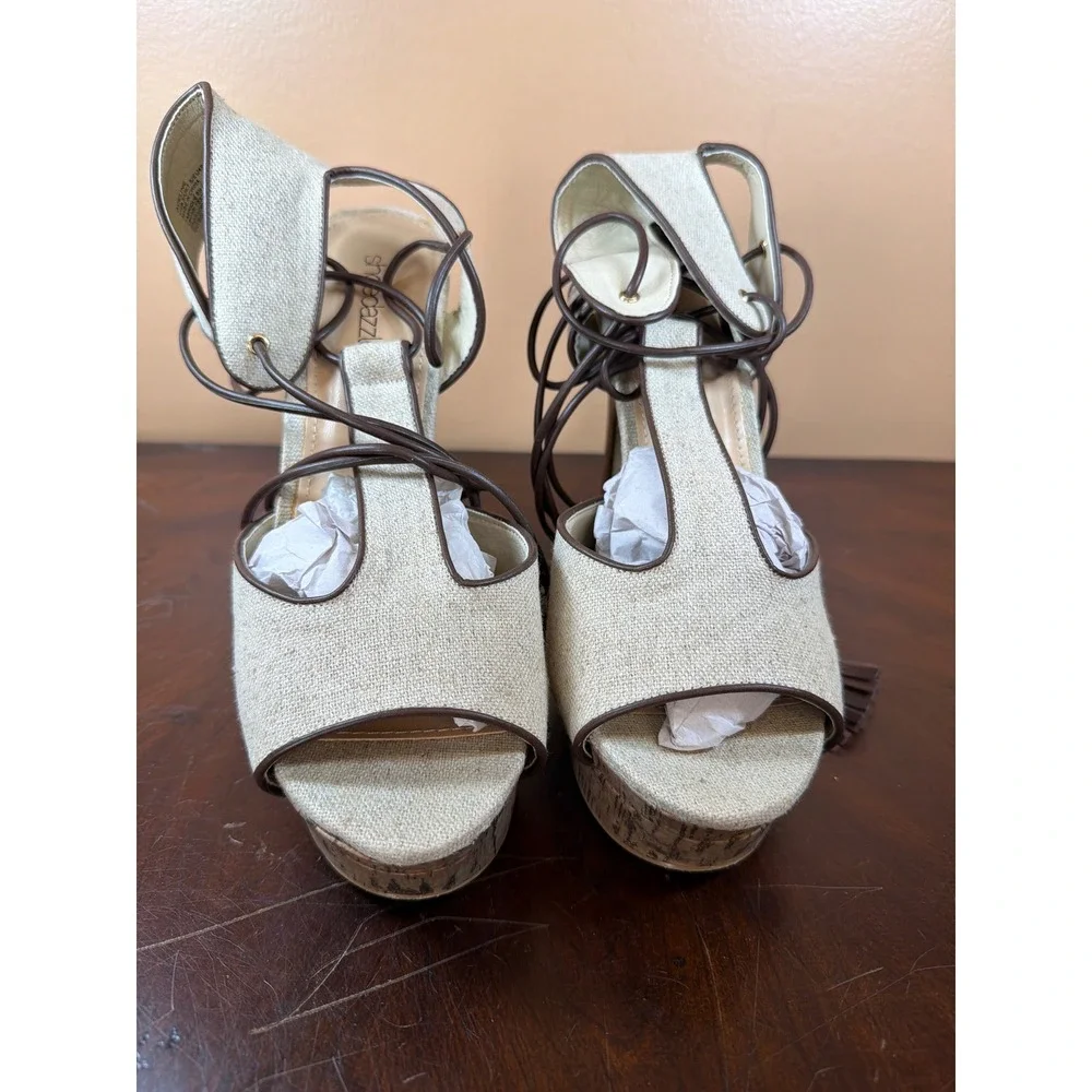 ShoeDazzle Linen Lace Up Tassel Platform Sandals Cork Stiletto‎ Heels Neutral 10